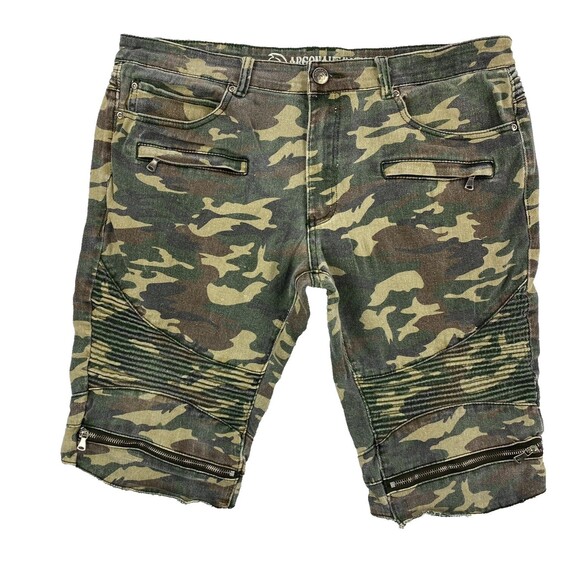 Argonaut Nation Slim Straight Camo Shorts Mens 38 Green Distressed Stretch Denim - Picture 1 of 16